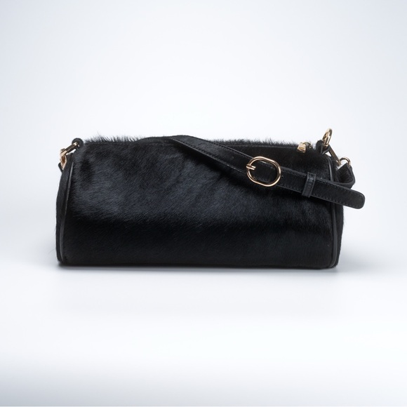 Na-Kd Handbags - Black horse hair bag - Luxe pony hair texture, gold hardware, detachable strap